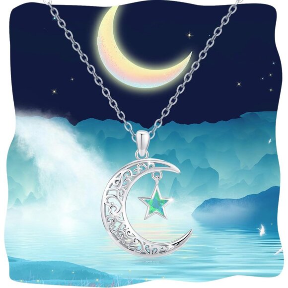 Sterling Silver Moon Star Necklace with Opal Star and Crescent Moon Pendant, 18i - Picture 2 of 7